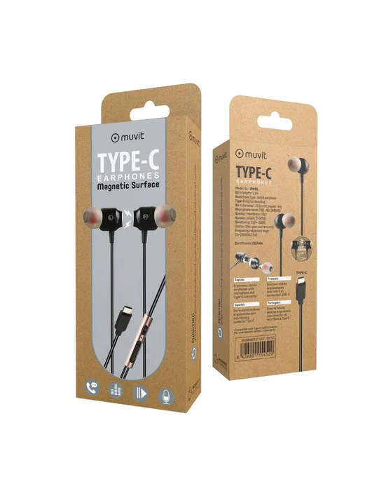 Muvit M1C Auriculares Intraurales con Cable USB Tipo C, Control de Volumen y Micrófono Integrado para Música y Llamadas - Negro