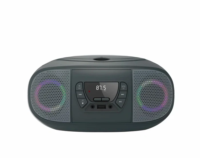 Fonestar BOOM-GO-G Reproductor CD Portátil con Radio FM, Bluetooth, USB, Efectos Luminosos, Entrada Auxiliar, 4W RMS, Color Gris