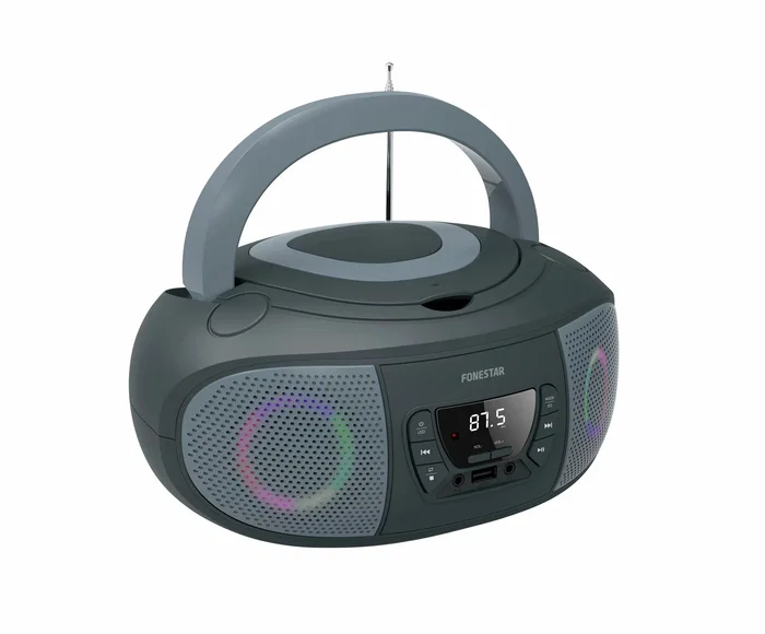 Fonestar BOOM-GO-G Reproductor CD Portátil con Radio FM, Bluetooth, USB, Efectos Luminosos, Entrada Auxiliar, 4W RMS, Color Gris