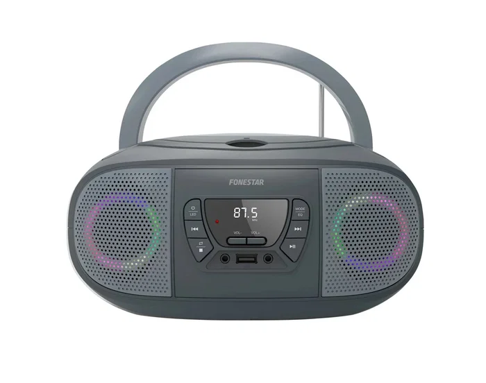 Fonestar BOOM-GO-G Reproductor CD Portátil con Radio FM, Bluetooth, USB, Efectos Luminosos, Entrada Auxiliar, 4W RMS, Color Gris