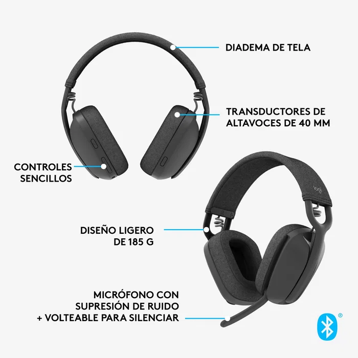 Logitech Zone Vibe 100 - Auriculares Inalámbricos Bluetooth Diadema con Cancelación de Ruido para Videoconferencias (Teams, Zoom, Meet) - 18h Batería - Grafito