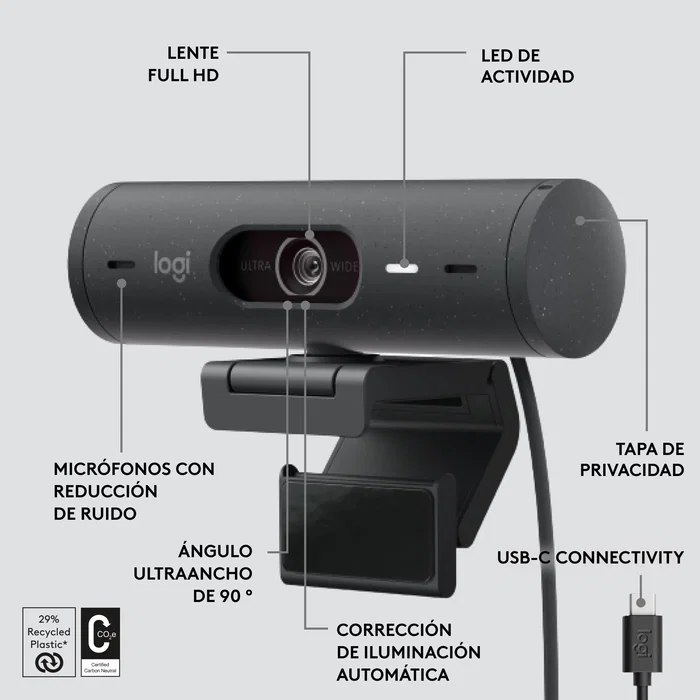 Logitech Brio 500 Webcam Full HD 1080p 60fps USB-C con Micrófonos de Ruido, Obturador de Privacidad, Campo Visual 90°, Autoencuadre - Grafito (960-Cameragraphit