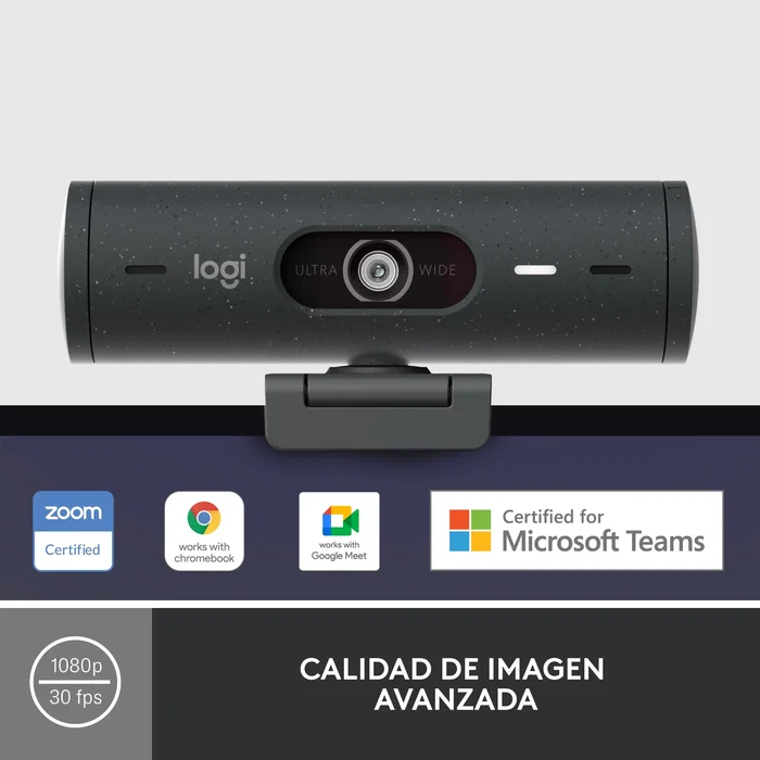Logitech Brio 500 Webcam Full HD 1080p 60fps USB-C con Micrófonos de Ruido, Obturador de Privacidad, Campo Visual 90°, Autoencuadre - Grafito (960-Cameragraphit