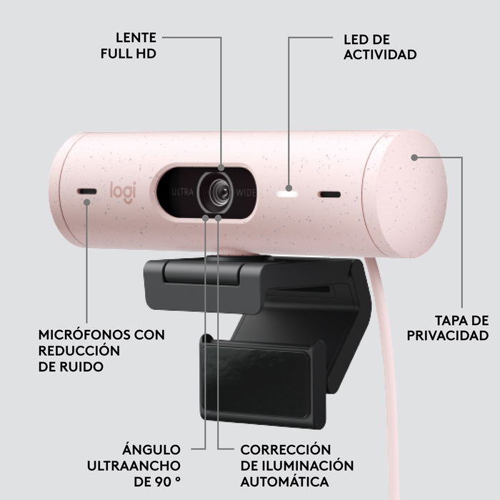 Logitech Webcam Brio 500 Rosa Full HD 1080p 4MP 90° con Clip de Montaje Universal USB-C Plug and Play Rightlight 4 HDR