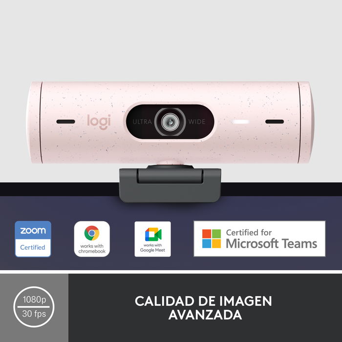 Logitech Webcam Brio 500 Rosa Full HD 1080p 4MP 90° con Clip de Montaje Universal USB-C Plug and Play Rightlight 4 HDR