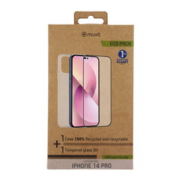 Muvit Pack Funda Recycletek y Protector de Pantalla Eco Responsable para iPhone 14 Pro +, 100% Reciclado y Reciclable, Protección 9H Antiarañazos
