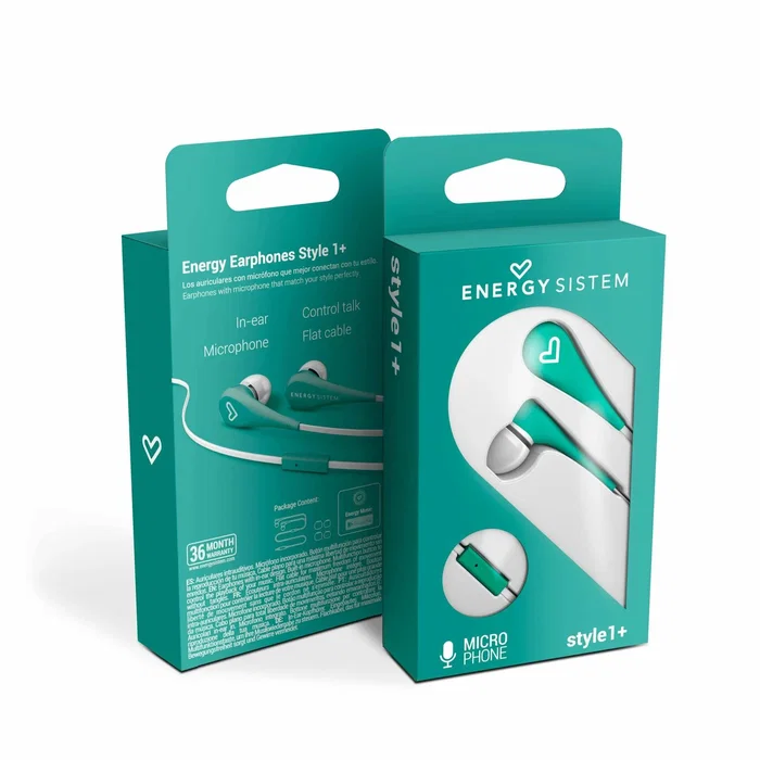 Energy Sistem Style 1+ Auriculares Intraurales Alámbricos con Micrófono para Llamadas/Música, Cable Plano 1.2m, Conector 3.5mm, Color Menta - 445998
