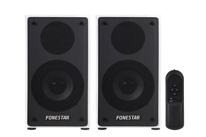 Fonestar CLASS-220B Altavoces Activos 2.0 para Piso, 2x20W RMS, Rango 60-20000Hz, Entradas AUX/RCA, Bluetooth 5.0, Mando, Color Blanco/Negro