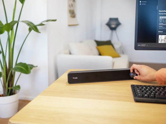 Trust Arys Barra de Sonido 2.0 para PC y TV, 6W RMS, Conexión USB y Auxiliar 3.5mm, Color Negro, Formato Horizontal Compacto