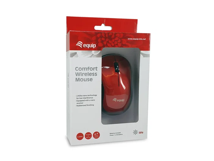 Equip 245113 Ratón Inalámbrico RF 2.4 GHz Óptico para Oficina, Ambidiestro, Mini, Rojo, 2 Botones, Compatible con Windows/Mac/ChromeOS