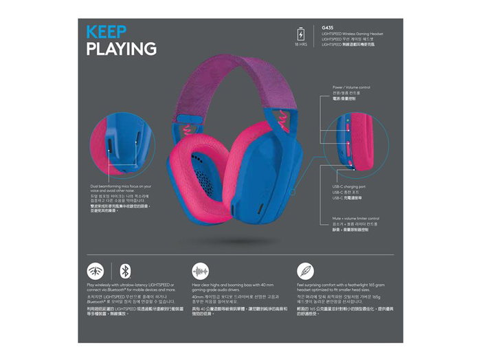 Logitech G435 Auriculares Gaming Inalámbricos LIGHTSPEED y Bluetooth con Micrófono, Sonido Envolvente, Hasta 18h Batería, Ligero (165g), PC, PS, Móvil, Color Azul