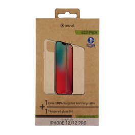 Muvit Pack Funda Recycletek y Protector Eco Responsable para iPhone 12 / 12 Pro - Materiales Reciclados y Reciclables, Protección 9H, Tacto Suave