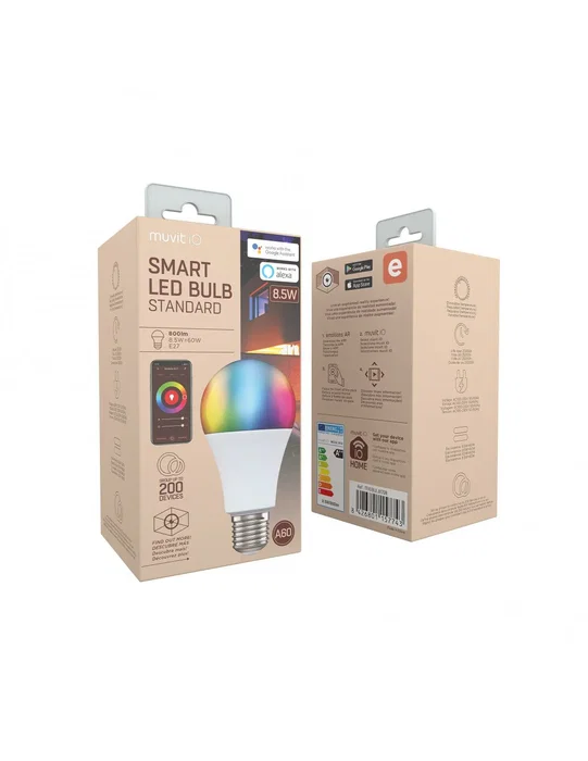 Muvit iO Bombilla Inteligente LED A60 E27, 8.5W RGB + Blancos, Wi-Fi, Compatible con Alexa y Google Assistant, 800lm