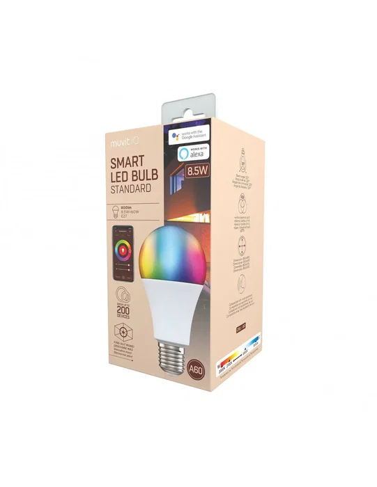 Muvit iO Bombilla Inteligente LED A60 E27, 8.5W RGB + Blancos, Wi-Fi, Compatible con Alexa y Google Assistant, 800lm