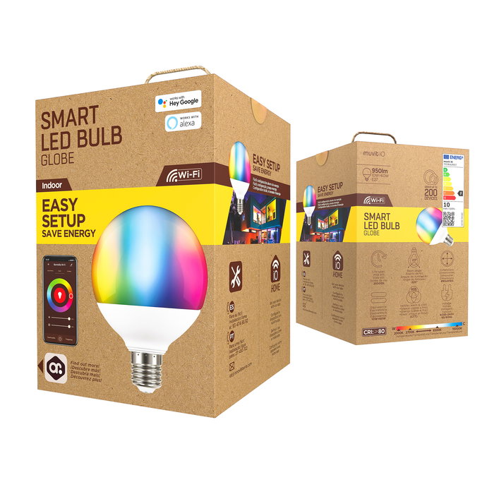 Muvit Bombilla Inteligente Globo E27 10W RGB y Blanca, WiFi, Compatible con Alexa y Google Home
