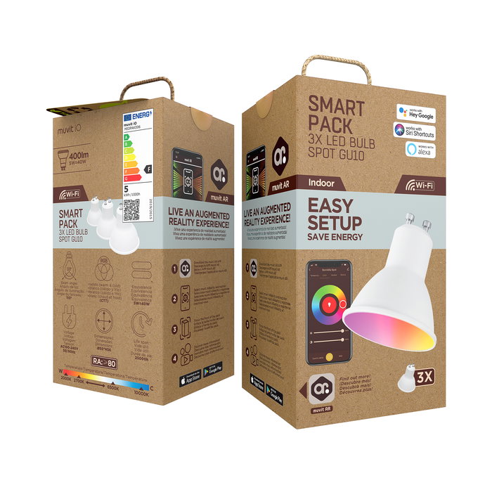 Muvit Bombilla Inteligente GU10 5.5W RGB, Blanco Cálido y Frío, Controlable por App y Asistentes de Voz Muvit Bombilla Inteligente GU10 5.5W RGB, Blanco Cálido y Frío, Controlable por App y Asistentes de Voz