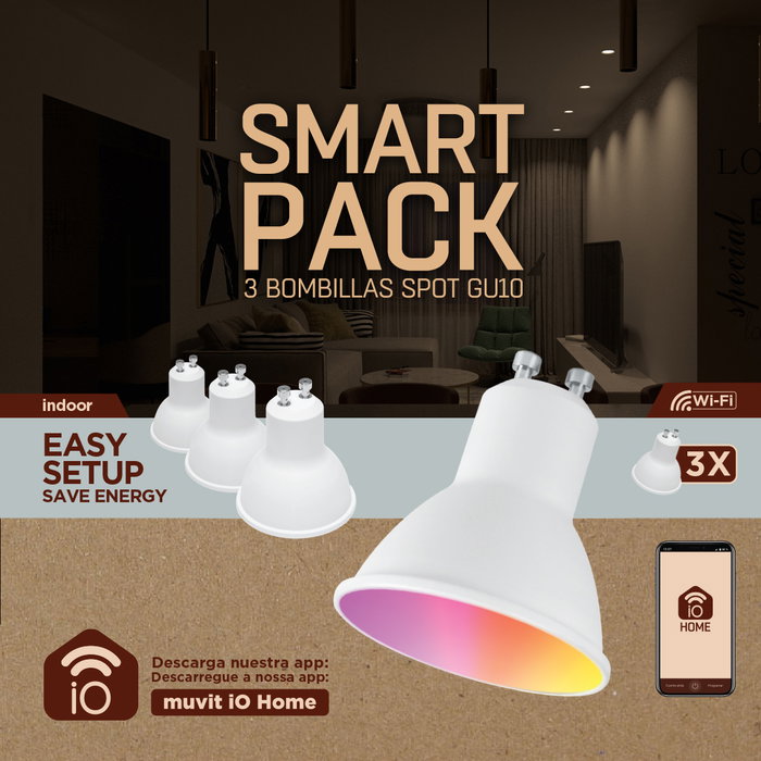 Muvit Bombilla Inteligente GU10 5.5W RGB, Blanco Cálido y Frío, Controlable por App y Asistentes de Voz Muvit Bombilla Inteligente GU10 5.5W RGB, Blanco Cálido y Frío, Controlable por App y Asistentes de Voz