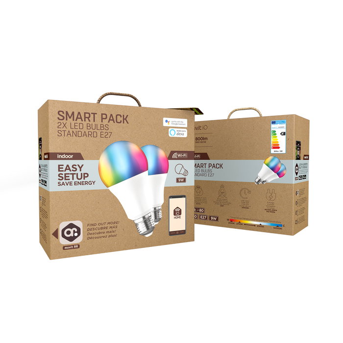 Muvit Bombilla Inteligente A60 E27 9W LED Multicolor y Blanca, Pack 2 uds Muvit Bombilla Inteligente A60 E27 9W LED Multicolor y Blanca, Pack 2 uds