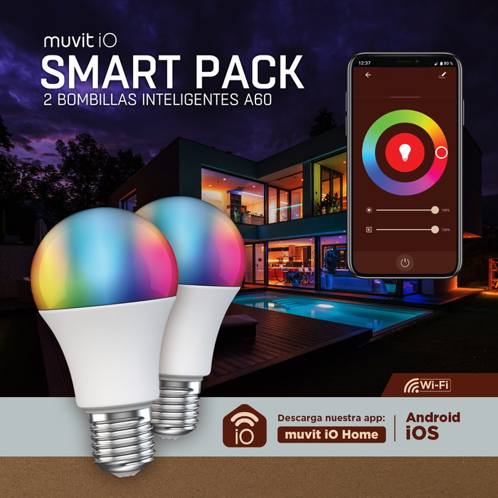 Muvit Bombilla Inteligente A60 E27 9W LED Multicolor y Blanca, Pack 2 uds Muvit Bombilla Inteligente A60 E27 9W LED Multicolor y Blanca, Pack 2 uds