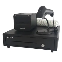 Approx appPOSPACK4180 Kit TPV con Impresora Térmica de Recibos 80mm (203x203 DPI), Lector de Códigos de Barras 1D, Cajón Portamonedas y Pack Rollos Papel - Negro