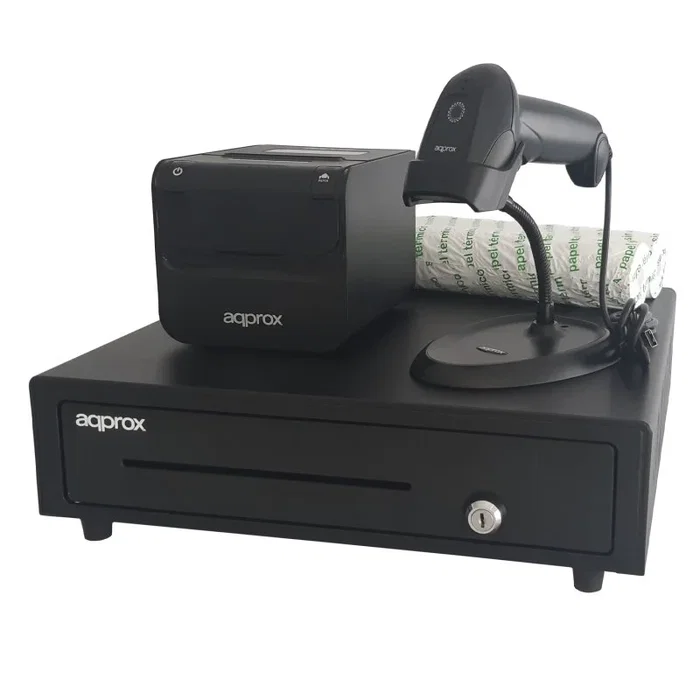 Approx appPOSPACK4180 Kit TPV con Impresora Térmica de Recibos 80mm (203x203 DPI), Lector de Códigos de Barras 1D, Cajón Portamonedas y Pack Rollos Papel - Negro