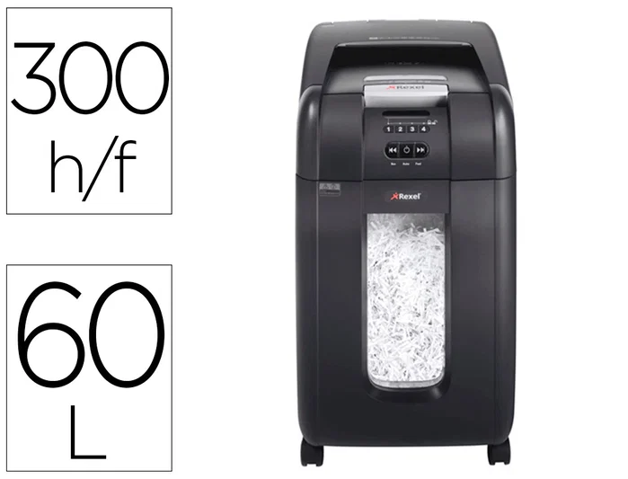 Rexel Optimum Auto+ 300X Destructora Automática de Microcorte Negro y Gris, 300 Hojas, 60L