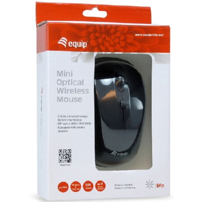 Equip Ratón Óptico Inalámbrico Mini 2.4GHz, 1600 DPI, Nano Receptor USB, para Portátil y Viajes, Negro
