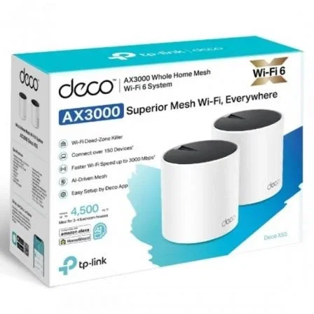 TP-Link Deco X55 (2-Pack) - Sistema Wi-Fi 6 Mesh AI AX3000 Doble Banda hasta 3000 Mbps, Cobertura hasta 418 m2, 3 Puertos Gigabit, Pack de 2 Unidades