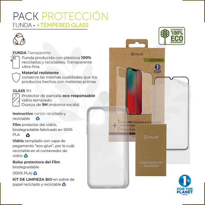 Muvit Funda Recycletek y Protector de Pantalla Eco Responsable para iPhone 14