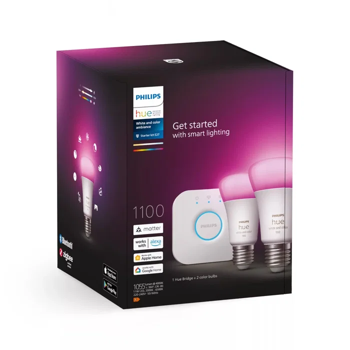 Philips Hue White and Color Ambiance 8719514291492 - Kit de Bombillas LED Inteligentes E27 A60, Bluetooth/Zigbee, 16M Colores, 1100 lm, Clase F, Incluye Hue Bridge (Pack de 2)