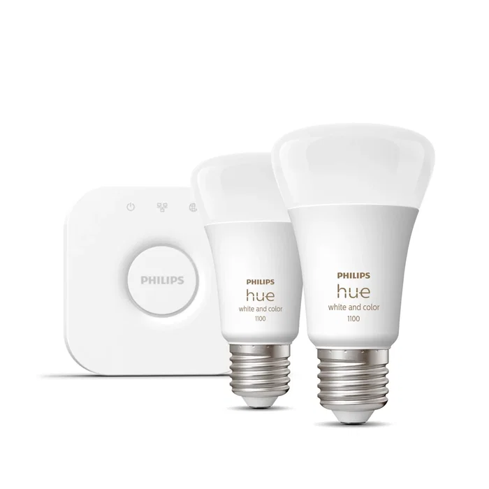 Philips Hue White and Color Ambiance 8719514291492 - Kit de Bombillas LED Inteligentes E27 A60, Bluetooth/Zigbee, 16M Colores, 1100 lm, Clase F, Incluye Hue Bridge (Pack de 2)
