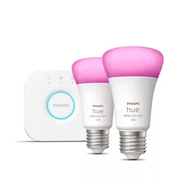 Philips Hue White and Color Ambiance 8719514291492 - Kit de Bombillas LED Inteligentes E27 A60, Bluetooth/Zigbee, 16M Colores, 1100 lm, Clase F, Incluye Hue Bridge (Pack de 2)