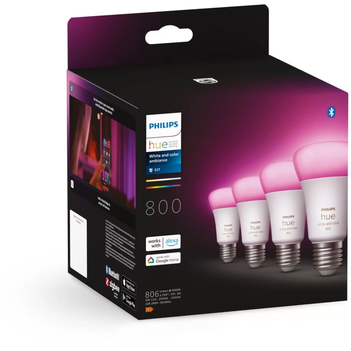 Philips Hue White & Color Ambiance, paquete de 4 bombillas LED E27, 800 lúmenes, Bluetooth compatible