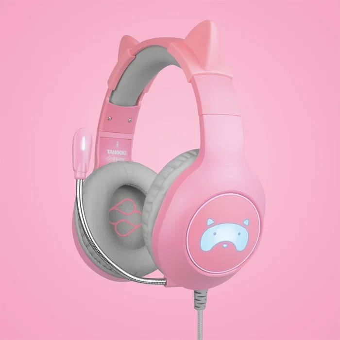 FR-TEC Tanooki - Auriculares Gaming con Micrófono Alámbrico para PS5, PS4, Xbox, Switch, PC, Diadema con LED, Altavoces 50mm, Color Gris y Rosa, Conexión Jack 3.5mm