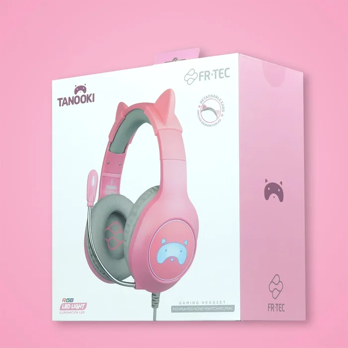FR-TEC Tanooki - Auriculares Gaming con Micrófono Alámbrico para PS5, PS4, Xbox, Switch, PC, Diadema con LED, Altavoces 50mm, Color Gris y Rosa, Conexión Jack 3.5mm