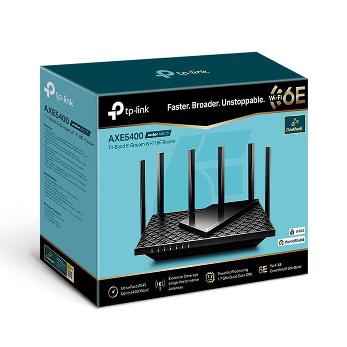 Tp - link Router Archer AXE75 AX5400 Wi-Fi 6E Tri-Banda AXE5400 Gigabit Procesador Quad-Core 1.7GHz Puertos Gigabit USB 3.0
