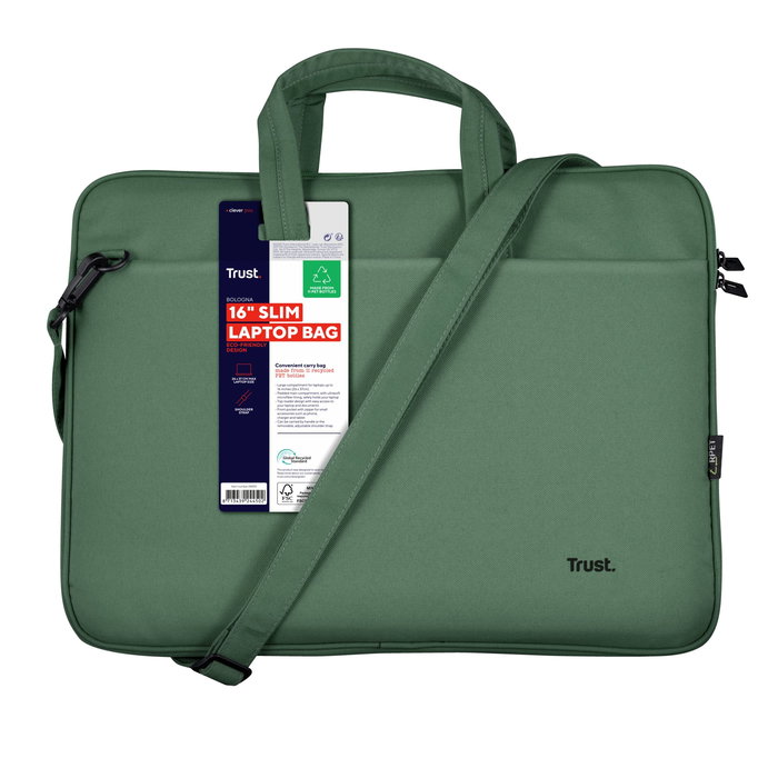 Trust Bologna Eco Maletín Ecológico para Portátil 16 Pulgadas (40.6 cm), Hecho con PET Reciclado, Verde, 2 Compartimentos, Acolchado, Resistente a Golpes, 430 g