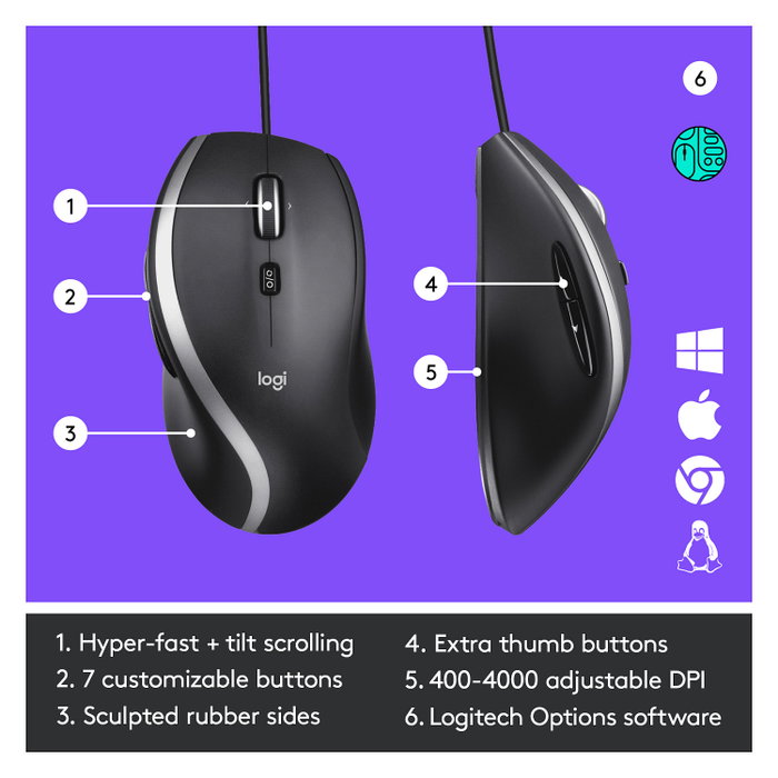 Logitech Advanced Corded Mouse M500s, Negro