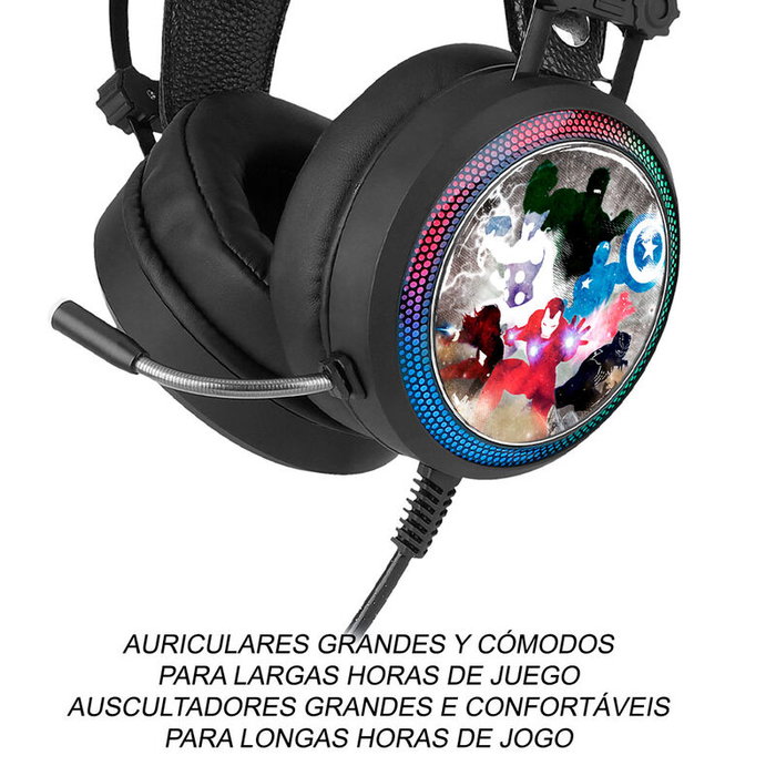 ERT GROUP Auriculares Gaming Vengadores Avengers Marvel Sonido Envolvente Virtual 7.1 Micrófono Flexible Luz LED USB Jack