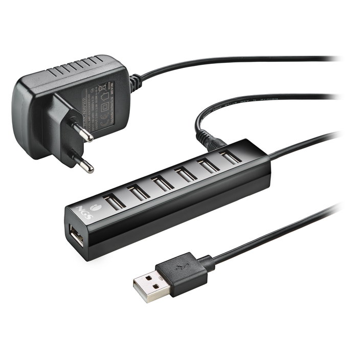 NGS IHUB7 TINY Hub USB 2.0 de 7 puertos con adaptador de corriente, Negro