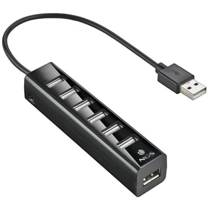 NGS IHUB7 TINY Hub USB 2.0 de 7 puertos con adaptador de corriente, Negro