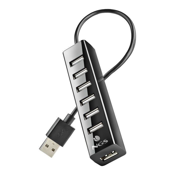 NGS IHUB7 TINY Hub USB 2.0 de 7 puertos con adaptador de corriente, Negro