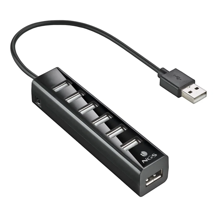 NGS IHUB7 TINY Hub USB 2.0 de 7 Puertos con Alimentación Externa para PC, Laptop, Macbook, 480 Mbps, Plug & Play, Color Negro