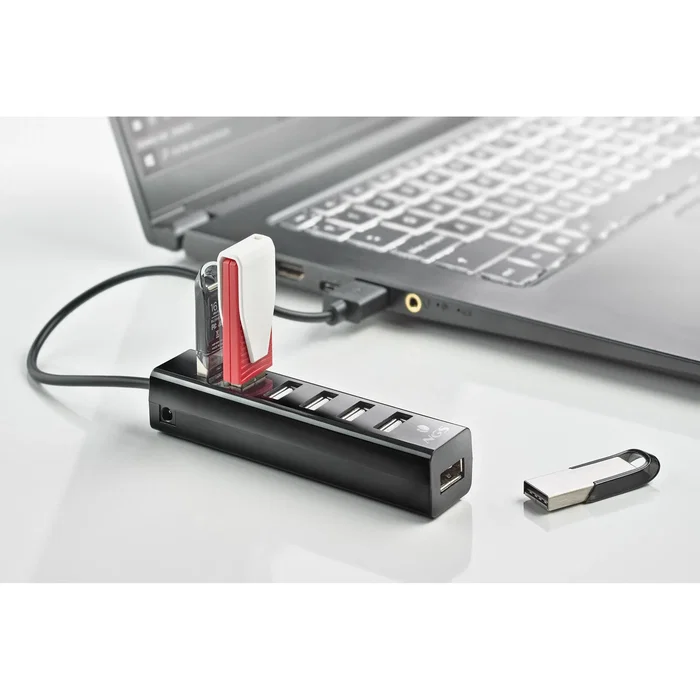 NGS IHUB7 TINY Hub USB 2.0 de 7 Puertos con Alimentación Externa para PC, Laptop, Macbook, 480 Mbps, Plug & Play, Color Negro