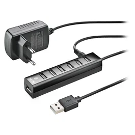 NGS IHUB7 TINY Hub USB 2.0 de 7 Puertos con Alimentación Externa para PC, Laptop, Macbook, 480 Mbps, Plug & Play, Color Negro