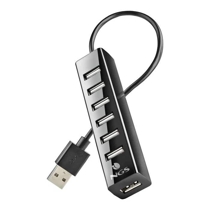 NGS IHUB7 TINY Hub USB 2.0 de 7 Puertos con Alimentación Externa para PC, Laptop, Macbook, 480 Mbps, Plug & Play, Color Negro