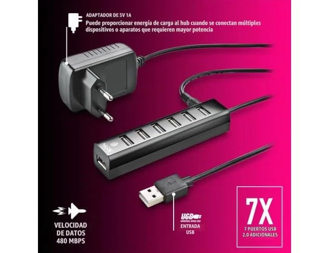 NGS IHUB7 TINY Hub USB 2.0 de 7 puertos con adaptador de corriente, Negro