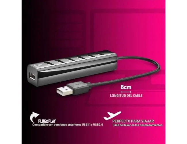 NGS IHUB7 TINY Hub USB 2.0 de 7 puertos con adaptador de corriente, Negro