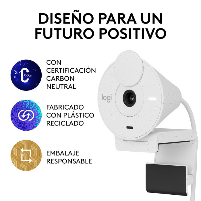 Logitech Brio 300 Webcam - Blanco Crudo - Cámara 1080p/30 fps, 70° Campo Visual, Micrófono, USB-C Plug & Play, Tapa de Privacidad, Logi Tune