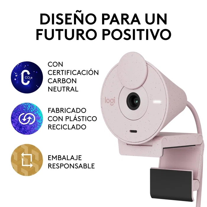 Logitech Brio 300 Webcam 960-001448 - Cámara Web 1080p Full HD, 2MP, 30fps, USB-C, con Obturador de Privacidad, Rosa - Certificada para Zoom, Teams, Google Meet